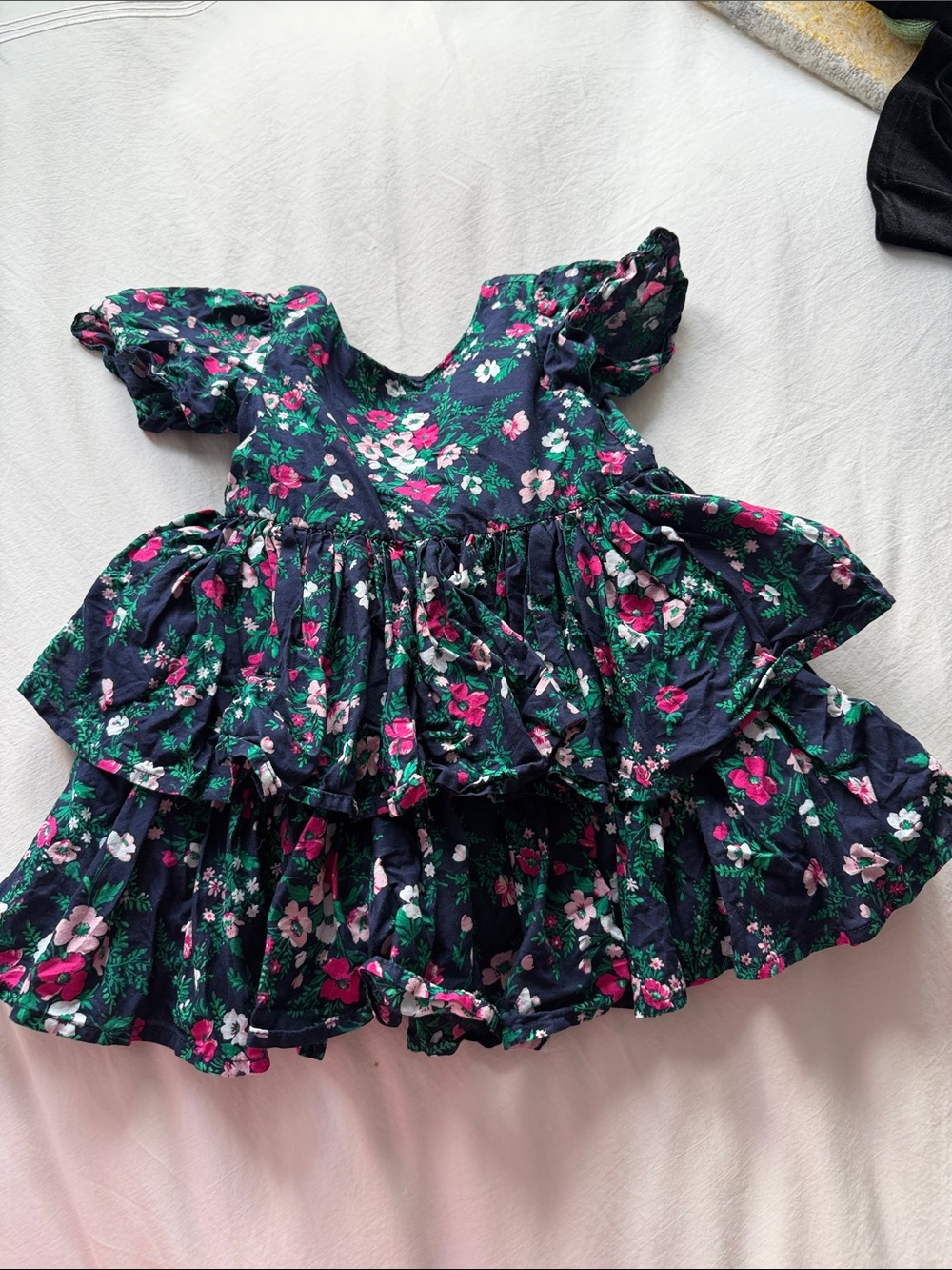 Janie and Jack - Navy Floral Tiered Ruffle Dress with Pink & Green Florals